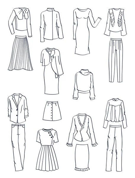 Sonbahar Için Bayan Giyimler Kıvrımlarına Elbise Pantolon Takım Elbise Etek — Stok Vektör