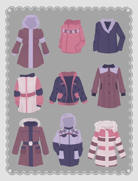 适合小女孩 不同型号 为学校和步行的漂亮的冬和秋夹克 — 图库矢量图片