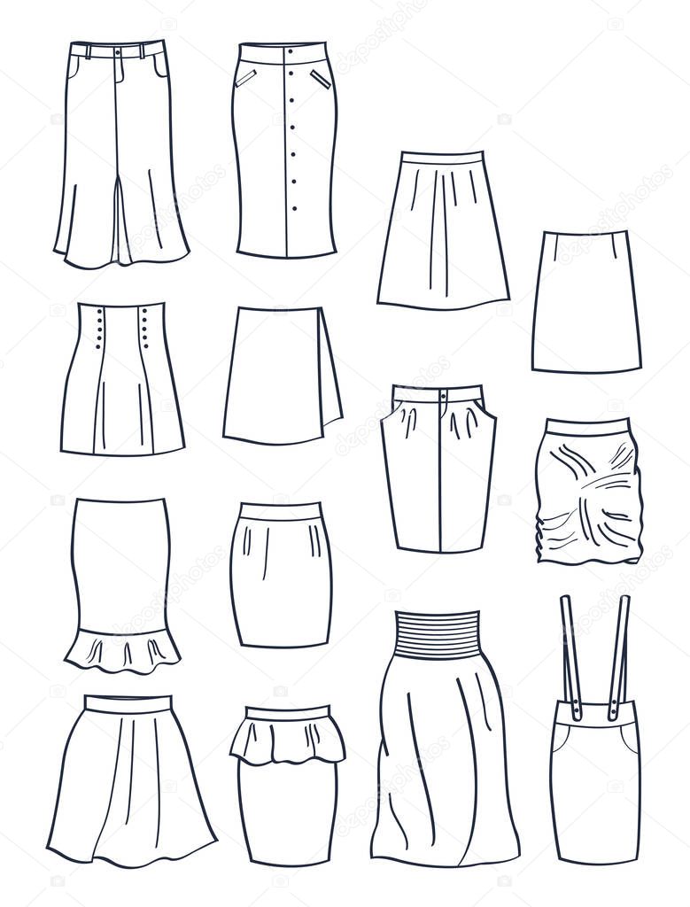 Set of contours of different skirts, casual clothing and for office, isolated on white background. 