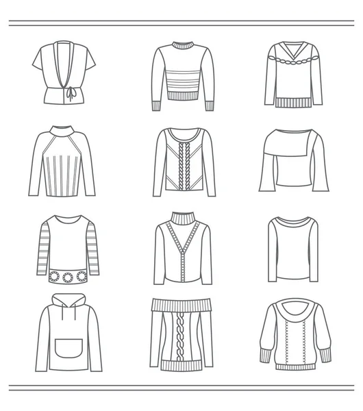 女の子 秋と冬モデルの分離の白い背景のセーターの輪郭のセット — ストックベクタ
