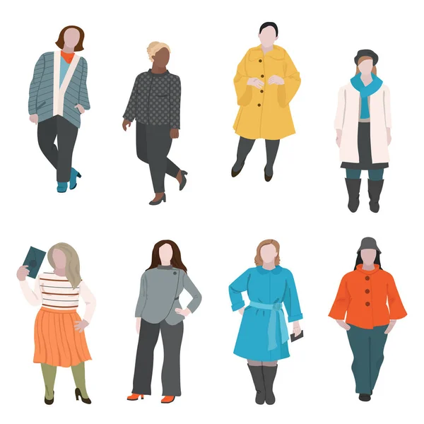Красивые Полные Женщины Одеты Современную Одежду Осень Зиму Изолированы Белом — стоковый вектор