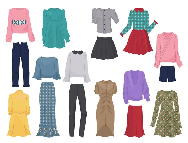 女性の秋と冬のカジュアルな服や衣料品事業 白い背景で隔離のセット — ストックベクタ