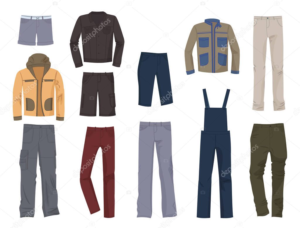 Set of male clothing, denim and casual, jeans, jackets, pants and etc., isolated on white background.