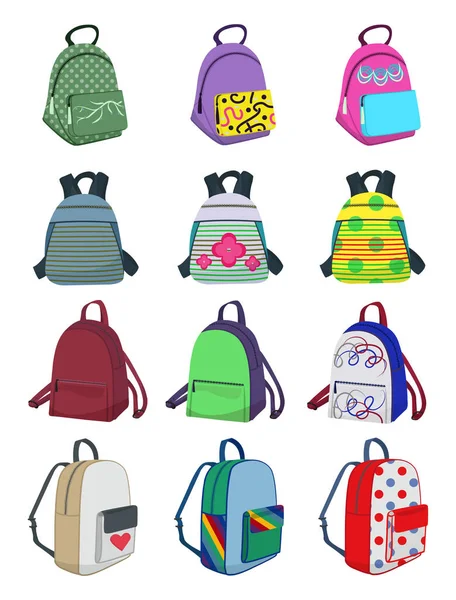 女の子 学校や日常生活 白い背景で隔離のさまざまなモデルの小さなバックパックのセット — ストックベクタ