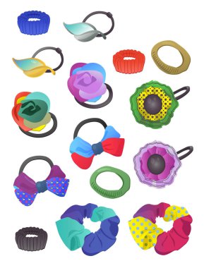Scrunchies kümesi kızlar ve kadınlar, güzel saç aksesuarları, zarif ve rahat, beyaz arka plan üzerinde izole