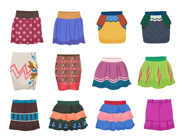 Set Summer Mini Skirts Girls Bright Prints Different Models Isolated Stock Vector