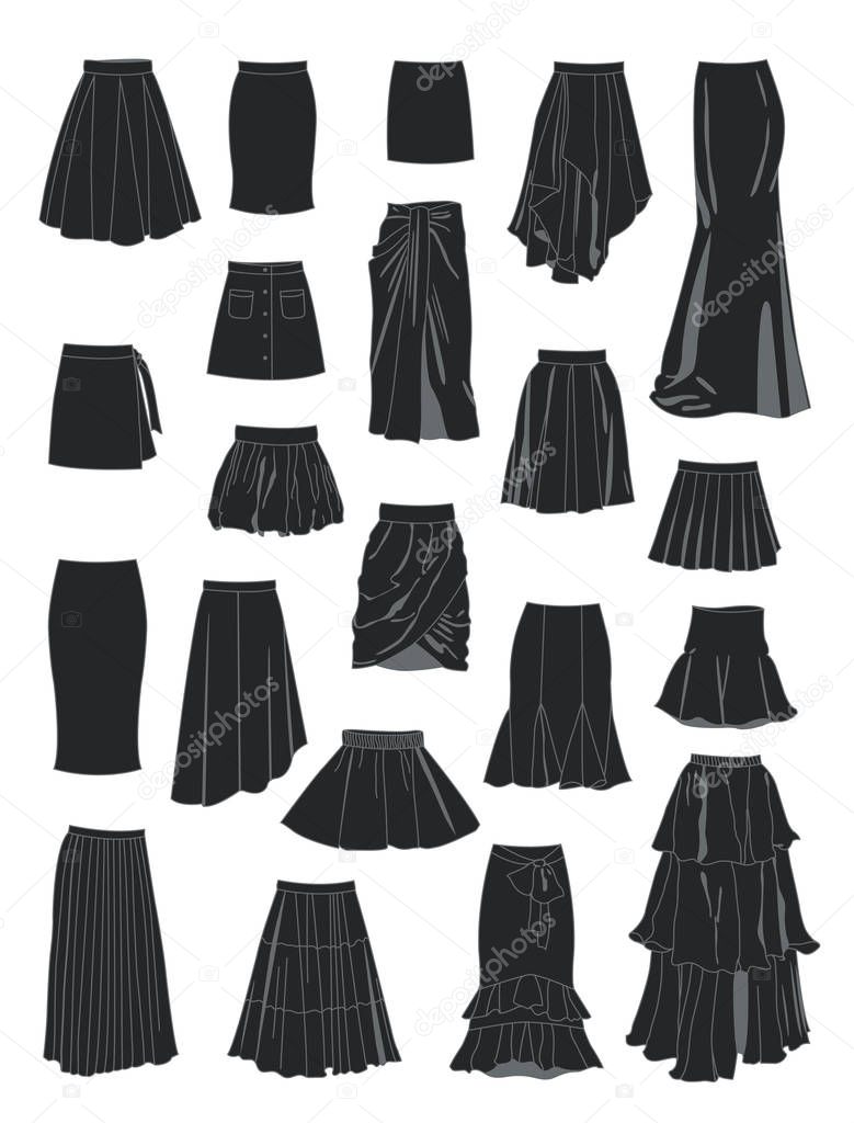 Set of silhouettes of women's skirts, a lot of different models, isolated on white background