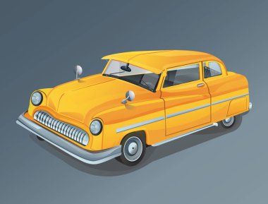 Sarı retro Araba, mavi arka plan üzerinde küçük, komik ve sevimli, güzel taşıma 