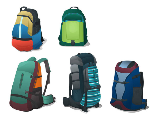 Set of bright backpacks for travel and school, different models , isolated on white background.
