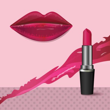 Seksi dolgun dudaklar, şarap ruj ve ruj smear pembe bir arka plan üzerinde. Kozmetik ve güzellik kavramı.