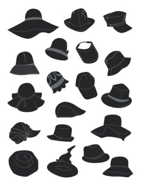 Set of summer hats silhouettes, nice headwear for beach, holidays and casual life, isolated on white background. clipart