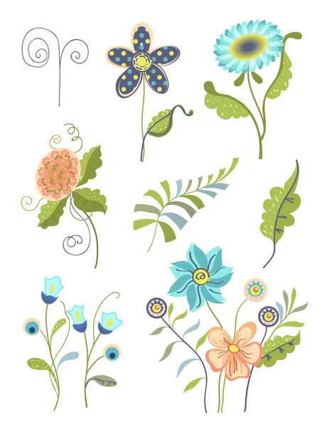 Set Flowers Leafs Stylized Simple Decoration Postcards Etc Isolated White — Stock Vector