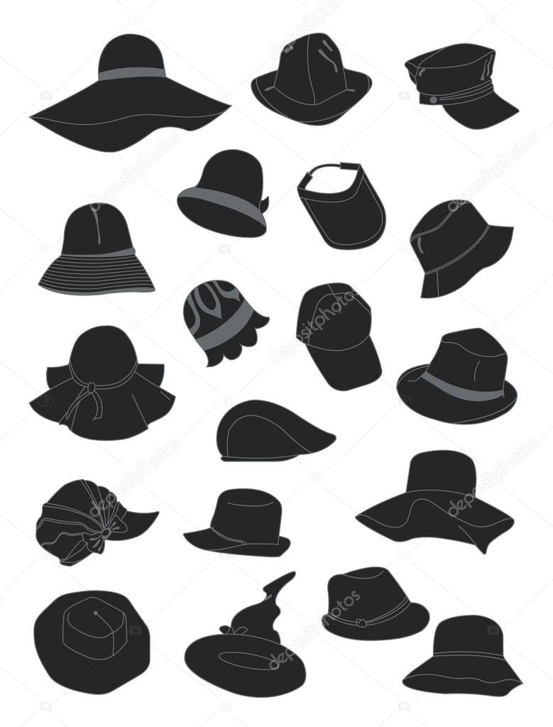 Set of summer hats silhouettes, nice headwear for beach, holidays and casual life, isolated on white background.
