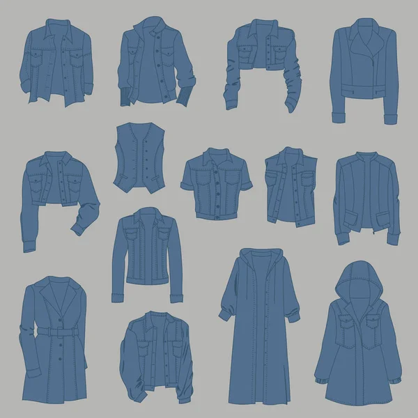 Jeans Oberbekleidung Für Frauen Verschiedene Modelle Isoliert Auf Grauem Hintergrund — Stockvektor
