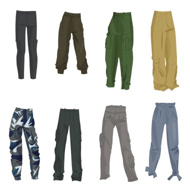 Bir kız için 2019 yılında şık pantolon bir dizi, kargo tarzında, joggers, vb. Beyaz arka planda yalıtılmış.