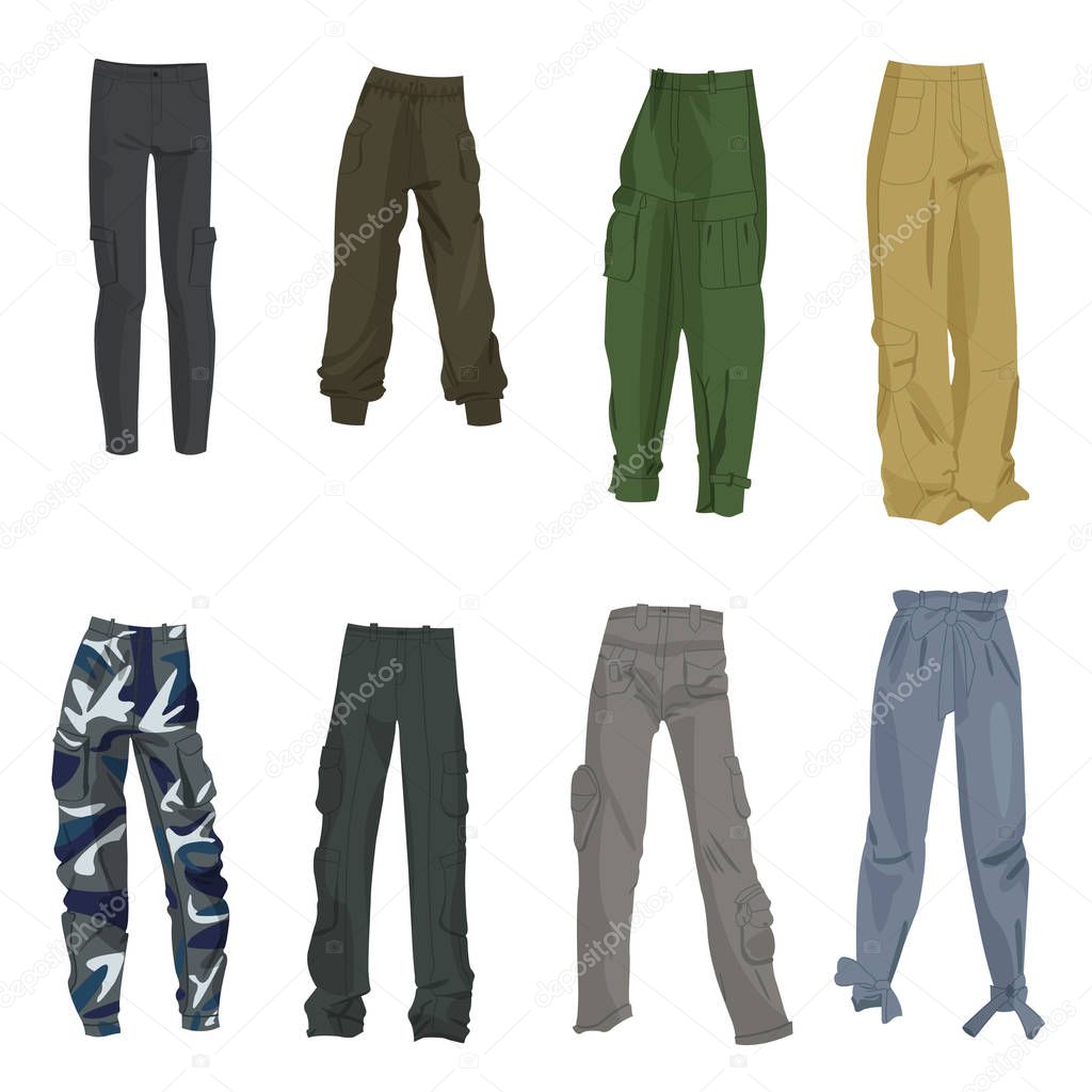 A set of fashionable in 2019 pants for a girl, in the style of cargo, joggers, etc. Isolated on white background.