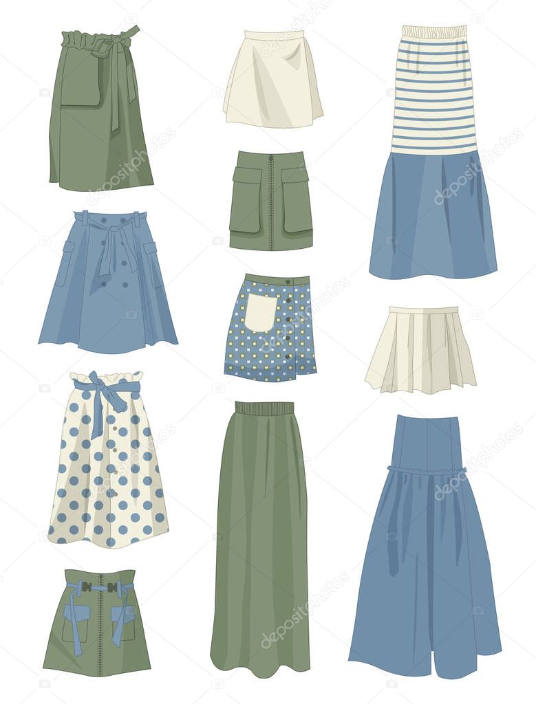 Set of skirts loose and with pockets, different models, isolated on white background.