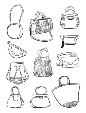 Şık ve şık çanta konturları, farklı modeller, bel çantaları, hasır çanta, saçaklı çanta, vb, beyaz arka plan üzerinde izole.