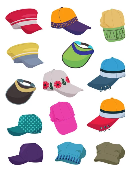 Set Van Zomer Caps Leuke Casual Hoofddeksels Verschillende Modellen Geïsoleerd — Stockvector