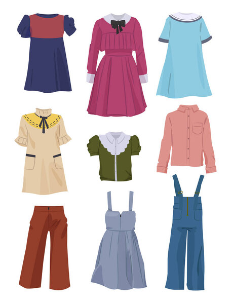 Beautiful school clothes for girls, elegant dresses, pants, blouses and etc, isolated on white background.