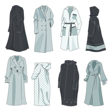 Sonbahar kadın yağmurlukları ve paltoları, güzel, farklı modeller, beyaz arka planda izole edilmiş.