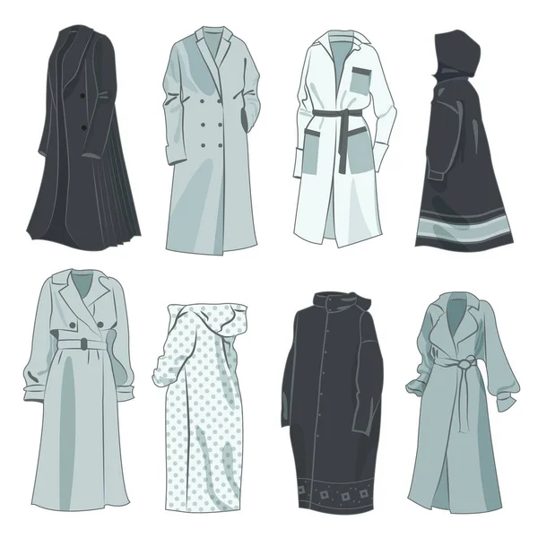 Set Impermeabili Cappotti Donna Autunnali Bellissimi Modelli Diversi Isolati Sfondo — Vettoriale Stock