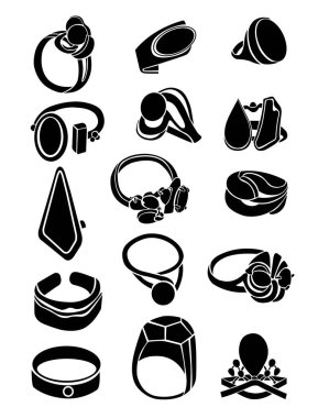  Yüzüklerden oluşan siluetler, beyaz arka planda izole edilmiş modern güzel aksesuarlar.. 