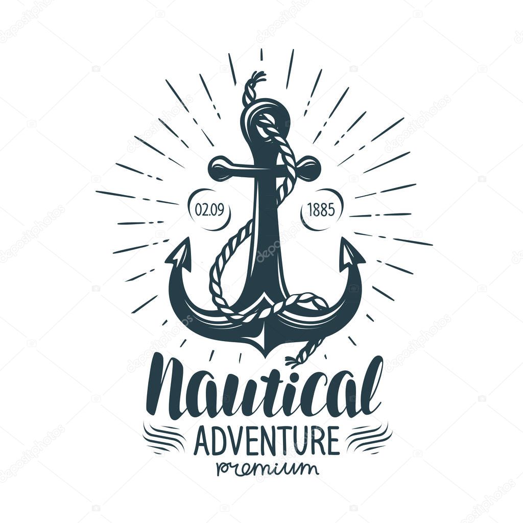 Vintage anchor label. Nautical adventure, lettering Vector
