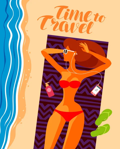 Concept de voyage, vacances ou détente. Belle fille bronzer sur la plage — Image vectorielle