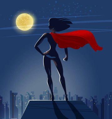 Süper kız, süper kahraman gökdelenin çatı üzerinde duruyor ve gece city adlı görünüyor