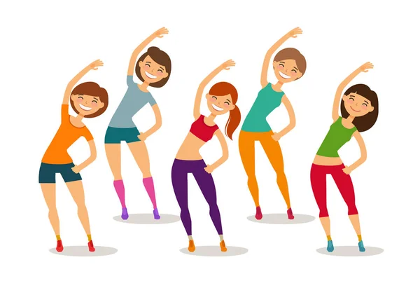 Sportovní, aerobik, koncept zdravého životního stylu. Skupina lidí zapojených fitness v tělocvičně. Vtipné kreslené vektorové ilustrace — Stockový vektor