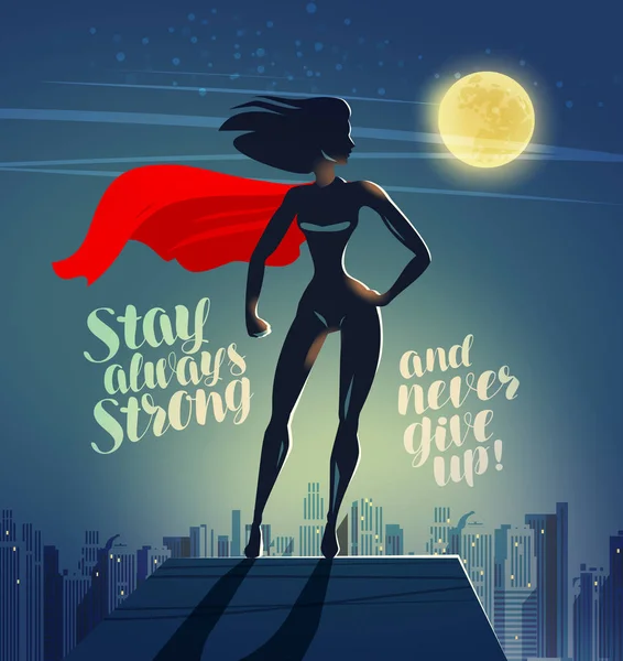 高層ビルの屋根の上に立っているスーパー ヒーローの女性 コミック漫画のベクトル — ストックベクタ