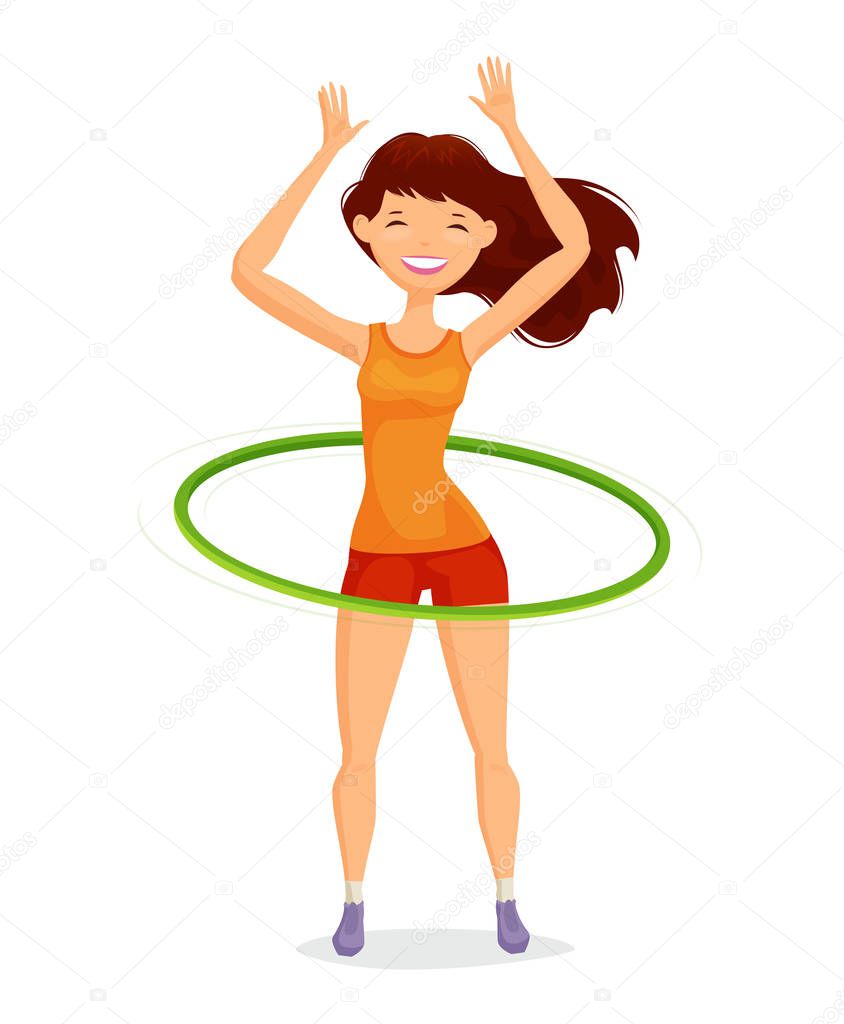 Sport girl turns the hula hoop. Fitness, healthy lifestyle concept. Funny cartoon vector illustration isolated on white background