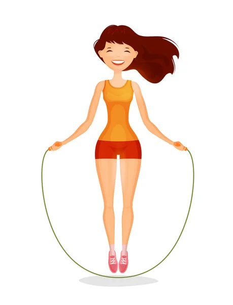 幸せな女の子の縄跳び フィットネス スポーツ コンセプト 漫画のベクトル図 — ストックベクタ