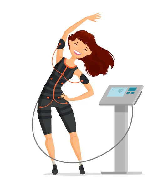 Ems Training Girl Doing Fitness Exercise Gym Cartoon Vector Illustration — Stock Vector