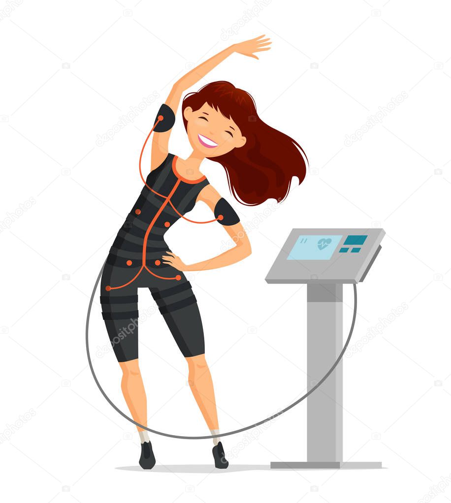 Ems training. Girl doing fitness exercise in the gym. Cartoon vector illustration