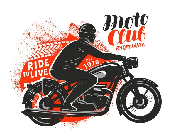 Motor club, spandoek of poster. Fietser rijdt een retro motorfiets. Vectorillustratie — Stockvector