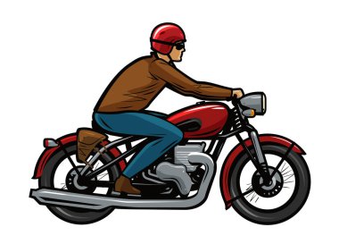 Motorcu bir motosiklet Binme. Beyaz arka plan üzerinde izole karikatür vektör çizim