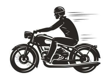 Motorcu retro bir motosiklet sürmek siluet. Motor sporları, motosiklet kavramı. Beyaz arka plan üzerinde izole vektör çizim