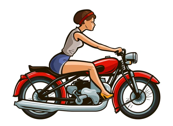 Chica retro pin-up montando en una motocicleta. Dibujos animados vector ilustración — Archivo Imágenes Vectoriales
