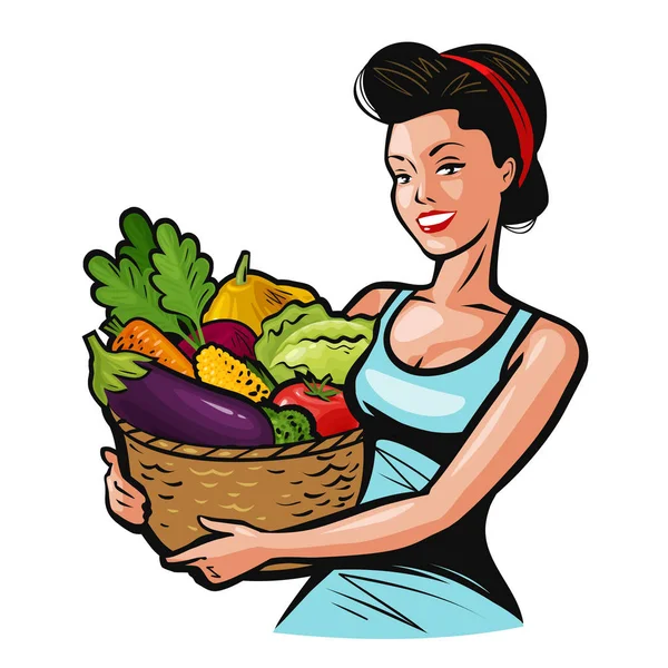 Hermosa Chica Sosteniendo Una Cesta Llena Verduras Comida Fresca Alimentación — Vector de stock