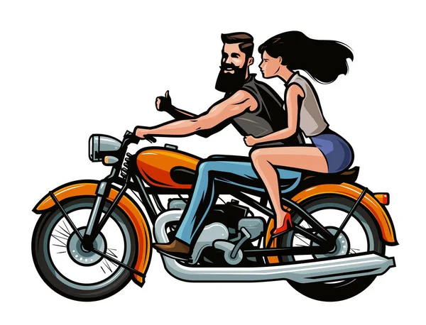 Biker Mit Mädchen Auf Einem Retro Motorrad Cartoon Vektor Illustration — Stockvektor