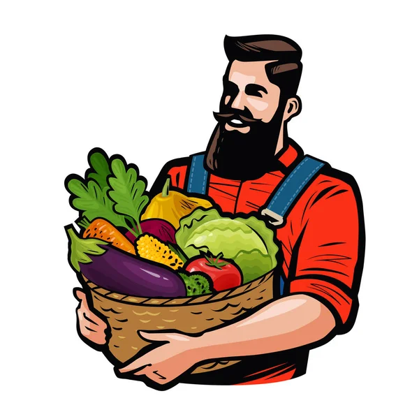 Farmer Holding Basket Full Vegetables Vector Illustration Isolated White Background — Stock Vector