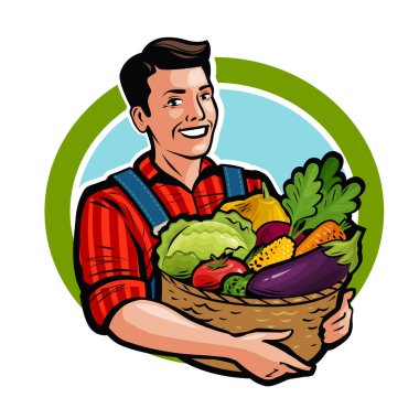 Mutlu çiftçi hasır sepet taze sebze dolu tutmak. Tarım, çiftlik, hasat kavramı