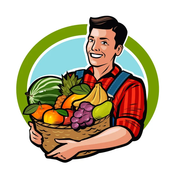 Feliz agricultor segurando cesta de vime cheia de frutas frescas. Agricultura, fazenda, conceito de colheita. Desenhos animados ilustração vetorial —  Vetores de Stock