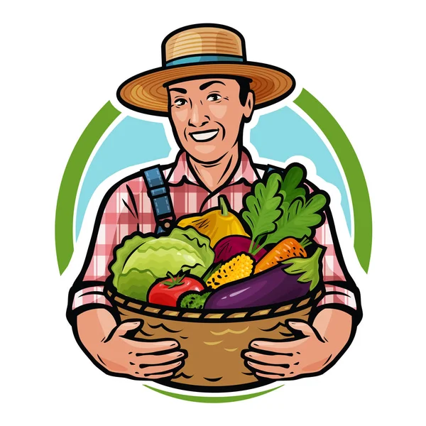 Happy Farmer Holding Basket Full Fresh Vegetables Farm Agriculture Horticulture — Stock Vector