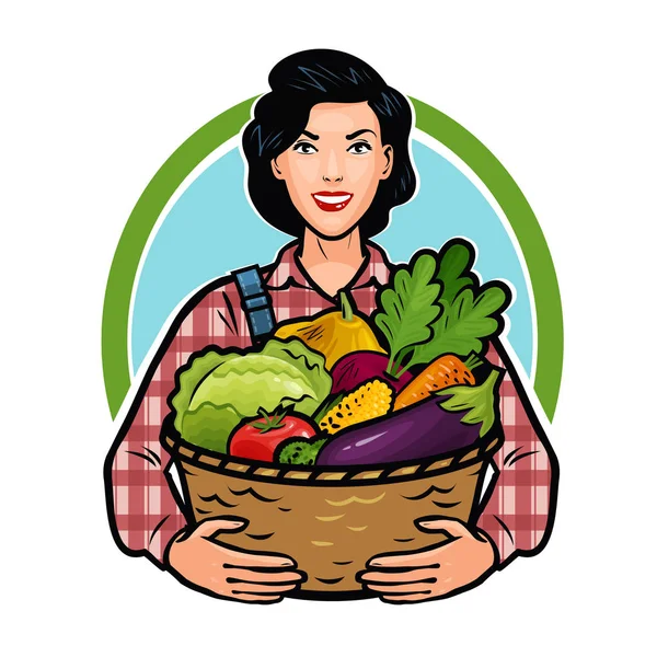 Menina ou agricultor segurando um cesto cheio de legumes frescos. Alimentação saudável, agricultura, conceito de fazenda. Desenhos animados ilustração vetorial — Vetor de Stock