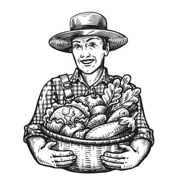 Mutlu çiftçi taze sebze dolu bir hasır sepet tutar. Çiftlik, hasat, tarım kavramı. Kroki