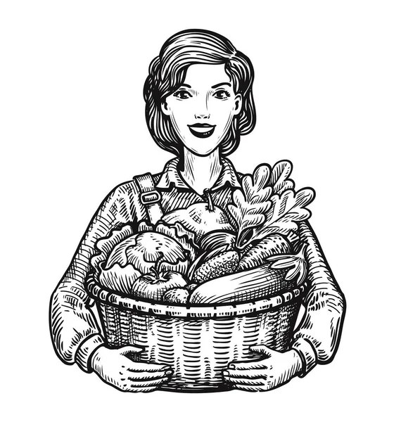 Menina bonita ou agricultor feliz segurando uma cesta de vime cheia de legumes. Agricultura, horticultura, conceito de fazenda. Desenho manual ilustração vetorial —  Vetores de Stock