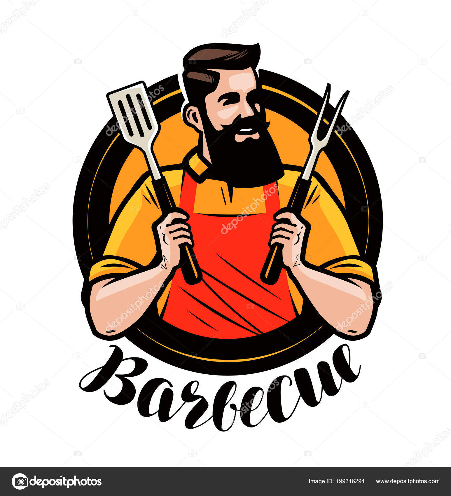 Bbq Barbecue Logo Label Chef Happy Cook Holding Spatula Fork Stock